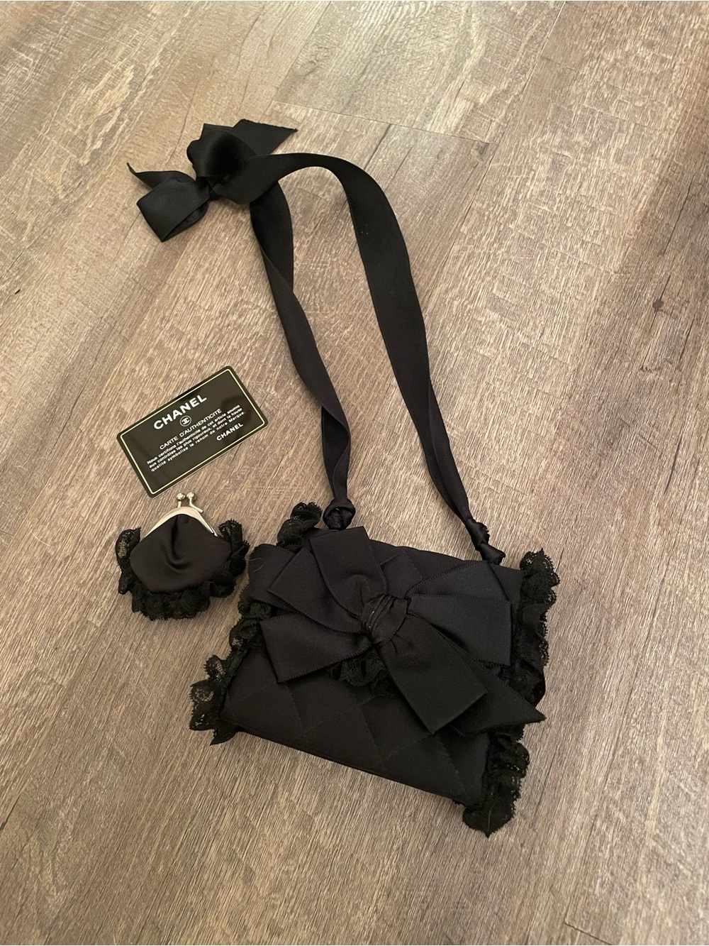 Vintage CHANEL Black Satin Bow Mini Crossbody with Coin Purse